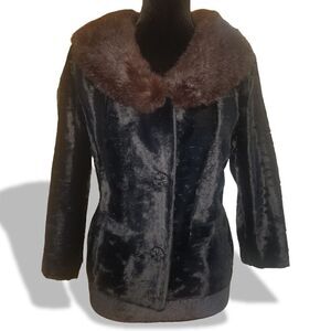 Styled by Winter Black Crushed Velvet Jacket with Genuine Mink Fur Collar M